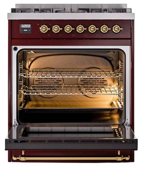 Ilve® Nostalgie II Noblesse 30" Burgundy Pro Style Dual Fuel Range with Brass Trim-2