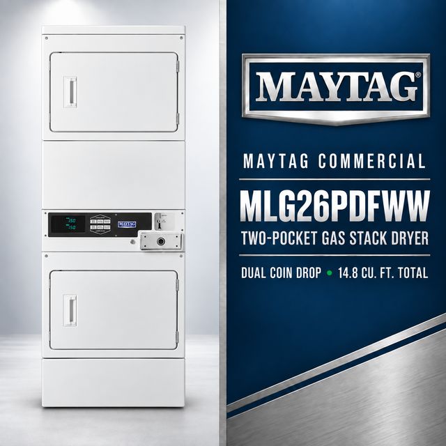Maytag Commercial MLG26PDFWW Two-Pocket Dual-Coin Gas Stacked Dryer, 14.8 Cu. Ft. Total Capacity, White-2