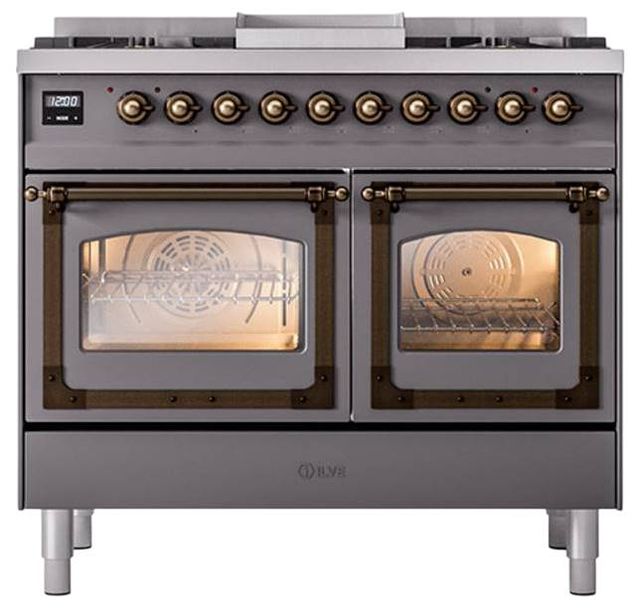 Ilve® Nostalgie II Noblesse 40'' Graphite Matte Pro Style Dual Fuel Range with Burnished Trim-1