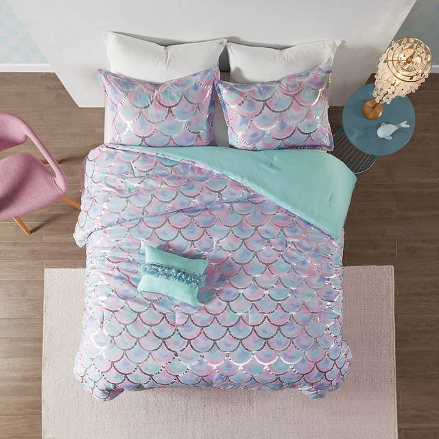 Olliix by Mi Zone Pearl Aqua and Purple Twin/Twin XL Metallic Printed Reversible Comforter Set-1