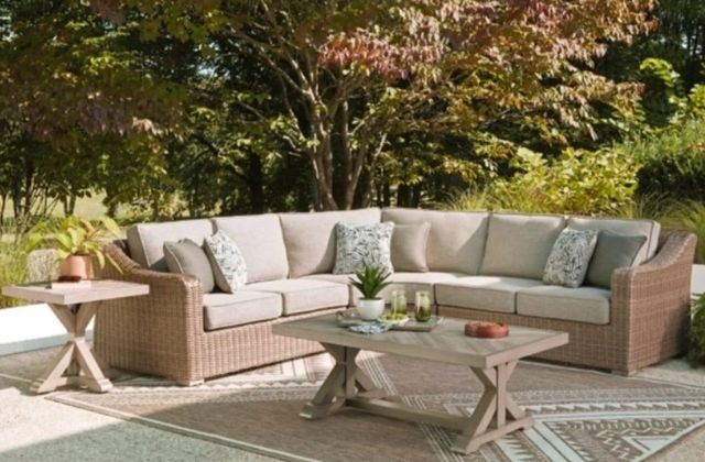 Signature Design by Ashley® Revare Beach 3-Piece Beige Fabric/Wicker Rattan L-Shape Outdoor Sectional-1
