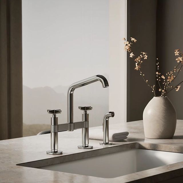 KOHLER® Billet® Vibrant Titanium 2-Hole Bridge Kitchen Sink Faucet with Side Sprayer-1