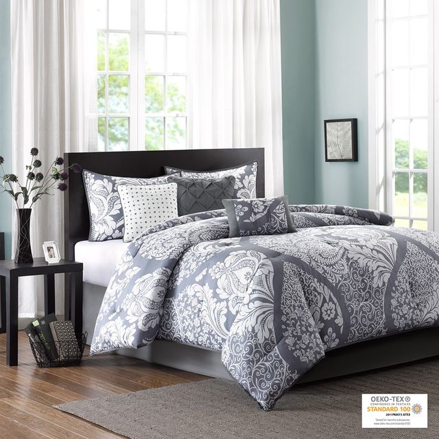 Olliix by Madison Park 7 Piece Grey Queen Vienna Cotton Printed Comforter Set-1