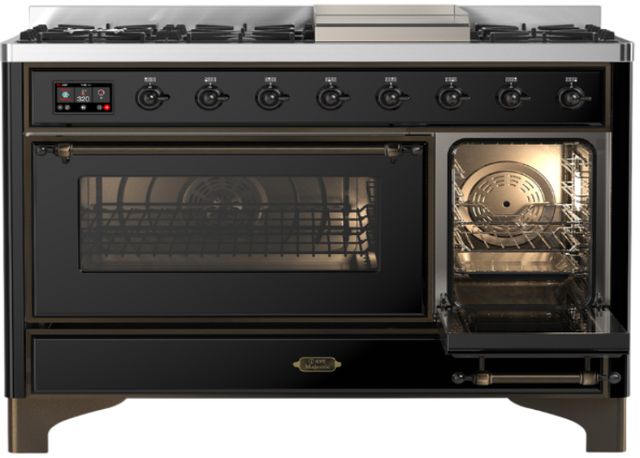 Ilve® Majestic III 48" Glossy Black Pro Style Dual Fuel Natural Gas Range with Triple Glass Door and Burnished Trim-2