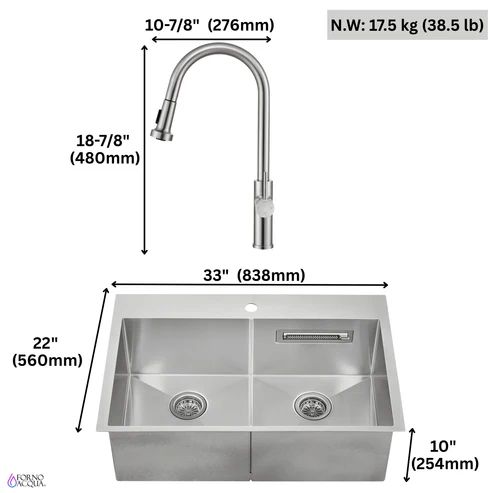 Forno Acqua MultiSINK Stainless Steel 33" Dual Mount Double Bowl Sink with Faucet and Waterfall-1
