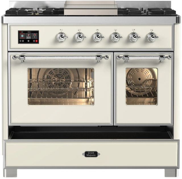 Ilve® Majestic III 40" Antique White Pro Style Dual Fuel Liquid Propane Range with Triple Glass Door and Chrome Trim-1