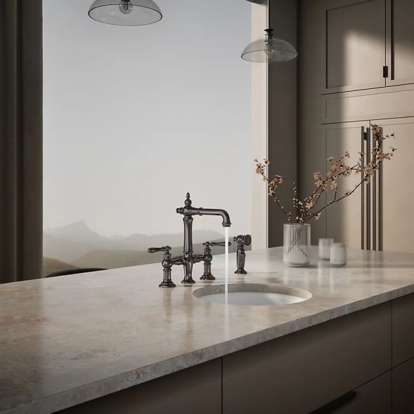 KOHLER® Artifacts® Vibrant Titanium 3-Hole Bridge Bar Sink Faucet with Side Sprayer-2