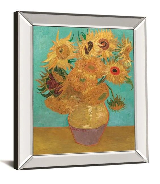 Classy Art Still Life Vase with Twelve Sunflowers, January 1889 by Vincent Van Gogh Mirrored Frame Wall Art-1