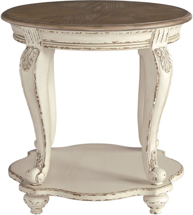 Signature Design by Ashley® Realyn Distressed Wood Round End Table with Chipped White Base-1