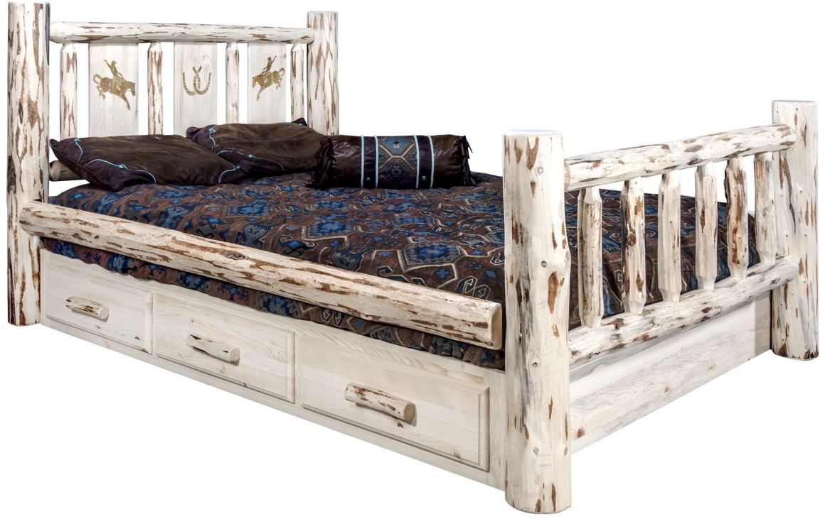 Montana Woodworks® Montana Collection Ready to Finish California King Storage Bed with Laser Engraved Bronc Design