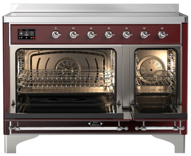 Ilve® Majestic III 48" Burgundy Pro Style Induction Range with Solid Door and Chrome Trim-1