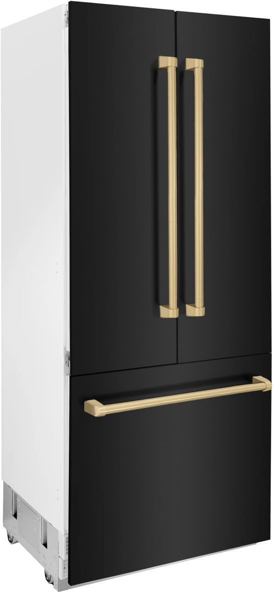 Clearance ZLINE Autograph Edition 36" 19.6 Cu. Ft. Black Stainless Steel Built-In Counter Depth French Door Refrigerator with Polished Gold Accent and Bright White Interior-3