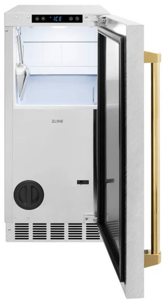 ZLINE Touchstone 15" 66 lb. Stainless Steel Gourmet Ice Maker with Drain Pump and Satin Stainless Steel Door with Polished Gold Handle-2