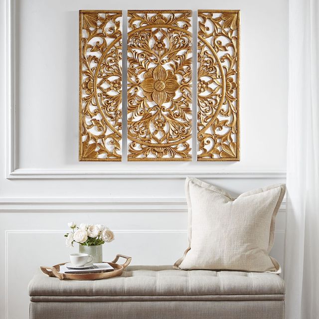 Olliix by Madison Park Gold Set of 3 Piece Gold Medallion 3D Design Canvas-1