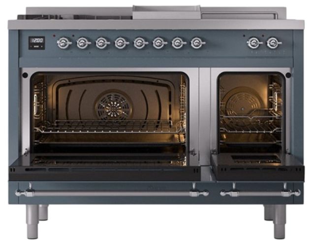 Ilve® Nostalgie II Noblesse 48'' Blue Gray Pro Style Dual Fuel Range with Chrome Trim-1