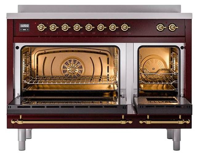 Ilve® Nostalgie II Noblesse 48'' Burgundy Pro Style Induction Range with Brass Trim-2