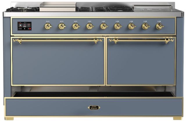 Ilve® Majestic III 60" Blue Gray Pro Style Dual Fuel Natural Gas Range with Griddle and Brass Trim-2