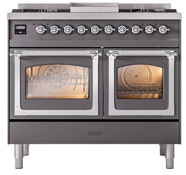 Ilve® Nostalgie II Noblesse 40'' Graphite Matte Pro Style Dual Fuel Range with Chrome Trim-1