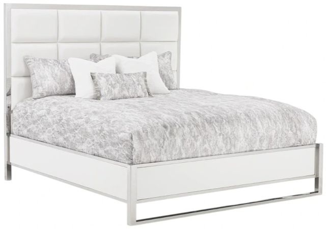 Michael Amini® State St. Glossy White/Stainless Steel Eastern King Upholstered Panel Bed-0