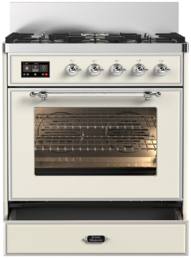 Ilve® Majestic III 30" Antique White Pro Style Dual Fuel Natural Gas Range with Triple Glass Door and Chrome Trim-1