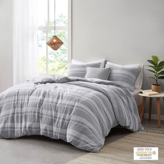 Olliix by Clean Spaces Oakley 5 Piece Striped Organic Cotton Yarn Dyed Grey Full/Queen Comforter Cover Set-1