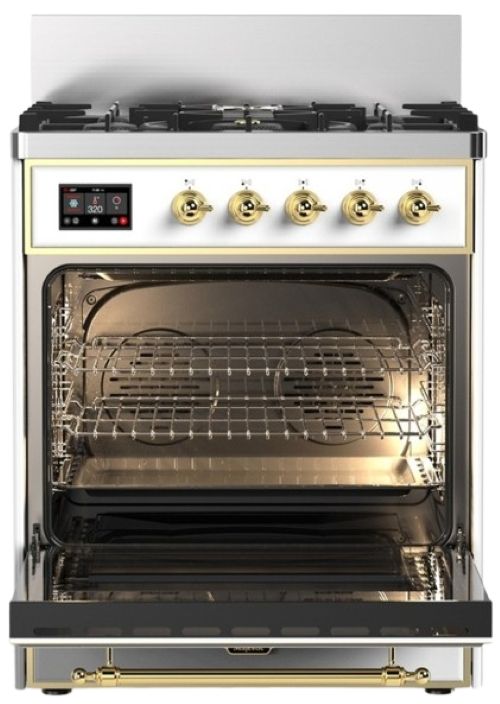 Ilve® Majestic III 30" White Pro Style Dual Fuel Natural Gas Range with Solid Door and Brass Trim-1