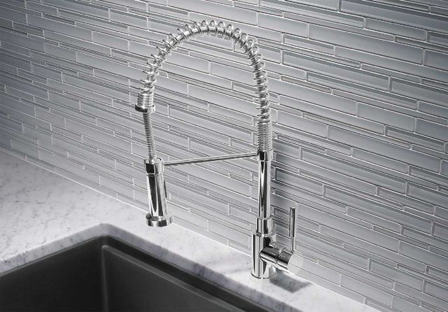 front view of a stainless steel luxury kitchen faucet
