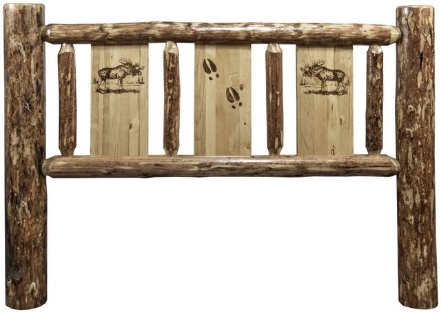 Montana Woodworks® Glacier Country Stained and Lacquered Queen Headboard with Laser Engraved Moose Design-1