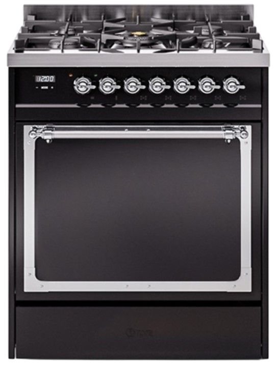 Ilve® Nostalgie II Noblesse 30'' Glossy Black Pro Style Dual Fuel Range with Chrome Trim-0