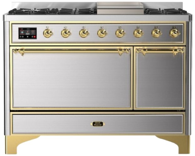 Ilve® Majestic III 48" Stainless Steel Pro Style Dual Fuel Liquid Propane Range with 8 Burners and Brass Trim-0