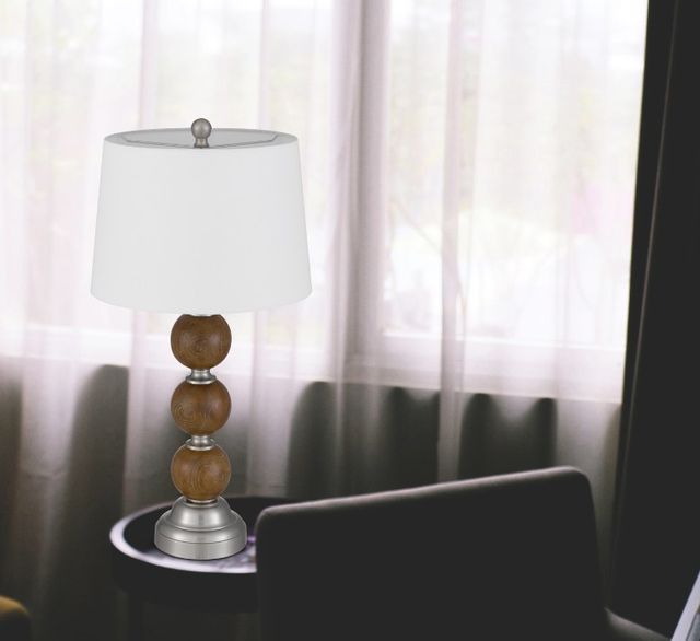 Cal® Lighting & Accessories Stacked Orb 2-Piece Brushed Steel/Justic Oak Table Lamp Set-3