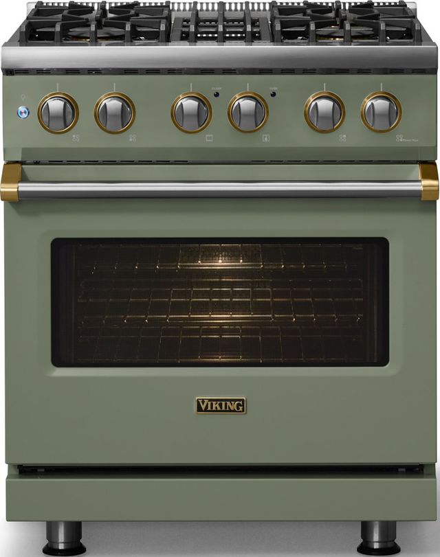 Viking® 5 Series 30" Eucalyptus Pro Style Dual Fuel (NG) Range with Brushed Brass Trim-2