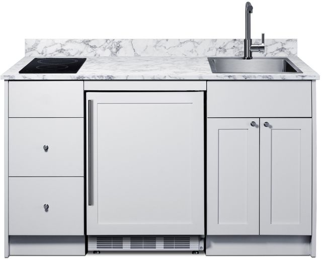 Summit® TurnKey Caldera Kitchen 63" White Kitchenette with 5 Cu. Ft. Built-In Under the Counter Refrigerator, Induction Cooktop, and Stainless Steel Sink with Faucet-1