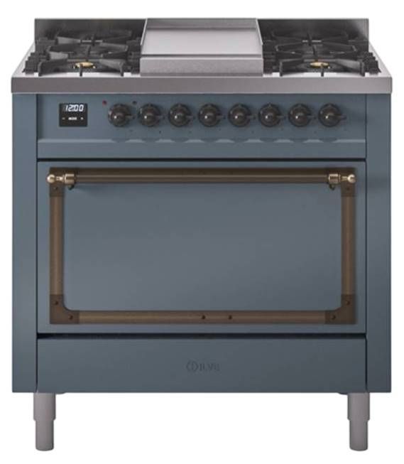 Ilve® Nostalgie II Noblesse 36'' Blue Gray Pro Style Dual Fuel Range with Burnished Trim-0