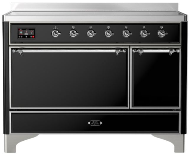 Ilve® Majestic III 48" Glossy Black Pro Style Induction Range with Solid Door and Chrome Trim-0