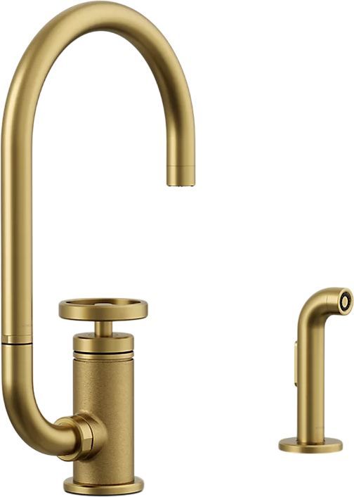 KOHLER® Billet® Vibrant Brushed Moderne Brass 16" Single Round-Handle Bar Sink Faucet with 2-Function Extended-Reach Spout and Side Sprayer-0
