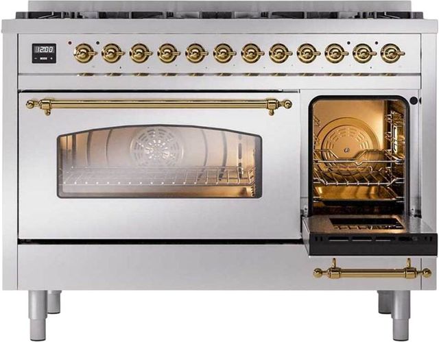 Ilve® Nostalgie II 48" Stainless Steel Pro Style Dual Fuel Range with Brass Trim-3