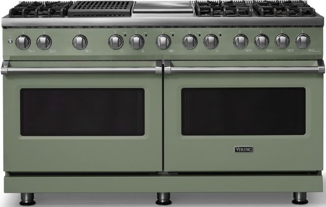 Viking® 5 Series 60" Eucalyptus Pro Style Dual Fuel (NG) Range with Polished Chrome Trim-0