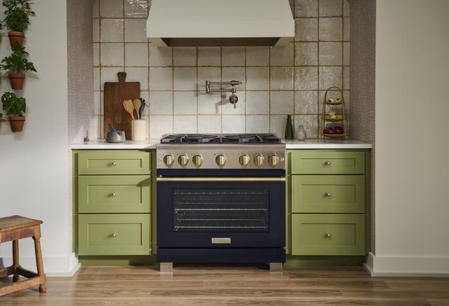 Front view of a luxury BlueStar range in a modern kitchen