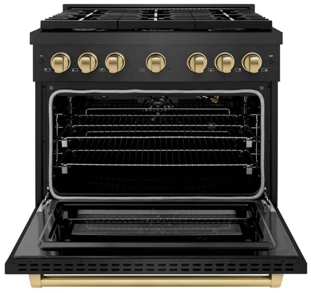 ZLINE Autograph Edition Paramount 36" Black Satin Stainless Steel/Champagne Bronze Gas Range with 6 Burner Cooktop and Convection Gas Oven-1
