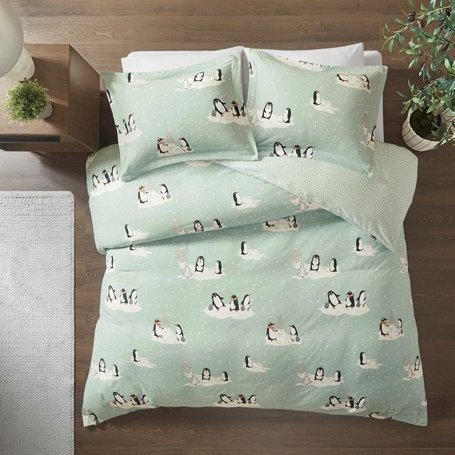 Olliix by True North by Sleep Philosophy Aqua Penguins King/California King Cozy Flannel Duvet Set-2