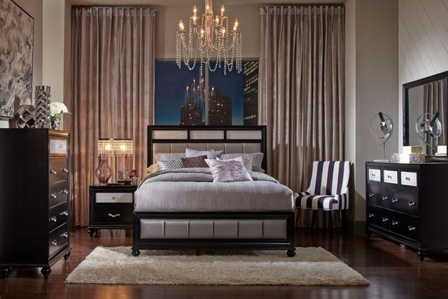 front view of the Coaster® Barzini 5-Piece Black/Grey California King Upholstered Bedroom Set in a modern glam bedroom 