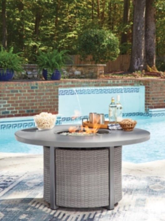 Signature Design by Ashley® Dillon Beach Gray Aluminum/Wicker Outdoor Round Fire Pit Table-1