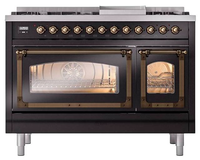Ilve® Nostalgie II Noblesse 48'' Glossy Black Pro Style Dual Fuel Range with Burnished Trim-1