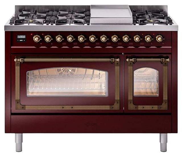 Ilve® Nostalgie II Noblesse 48'' Burgundy Pro Style Dual Fuel Range with Burnished Trim-0