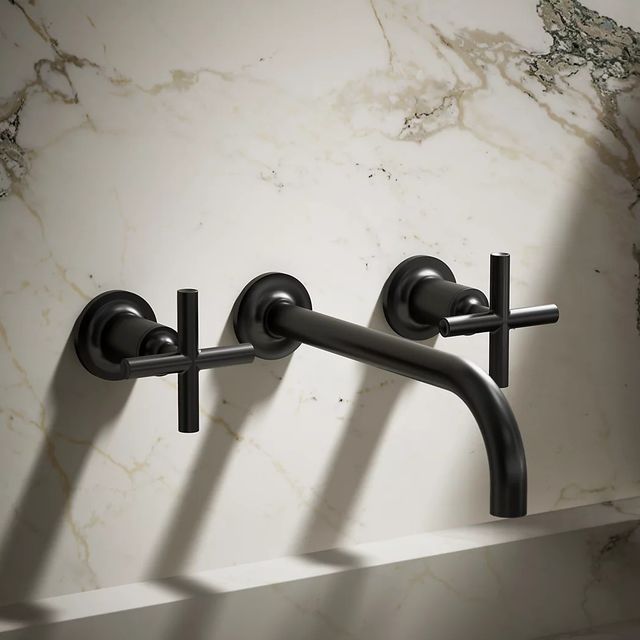 KOHLER® Purist® Matte Black 8" Wall-Mount Bathroom Sink Faucet Trim with Cross Handles-3
