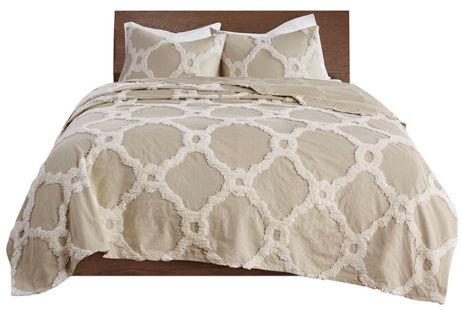 Olliix by Madison Park Pacey 3 Piece Taupe King/California King Tufted Cotton Chenille Geometric Coverlet Set