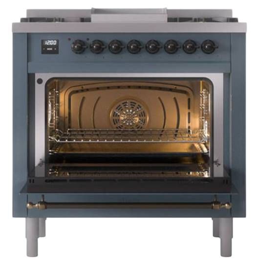 Ilve® Nostalgie II Noblesse 36'' Blue Gray Pro Style Dual Fuel Range with Burnished Trim-2