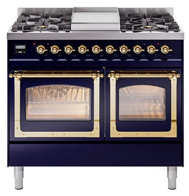 Ilve® Nostalgie II Noblesse 40'' Midnight Blue Pro Style Dual Fuel Range with Brass Trim-0