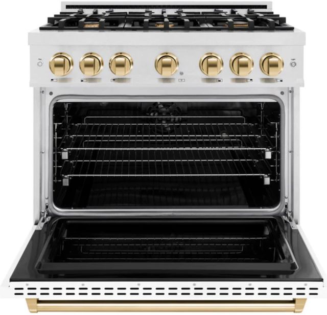 ZLINE Autograph Edition 36" Satin Stainless Steel Pro Style Dual Fuel Range with White Matte Door and Polished Gold Accents-3